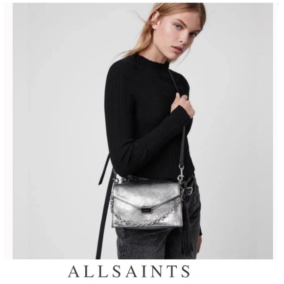 ALLSAINTS Miki Metallic Pewter Link Chain Leather Shoulder Strap Small Crossbody - Picture 1 of 16